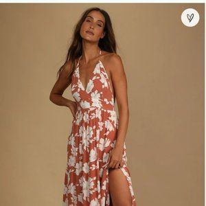 Lulus Orange Floral Print Halter Midi Dress